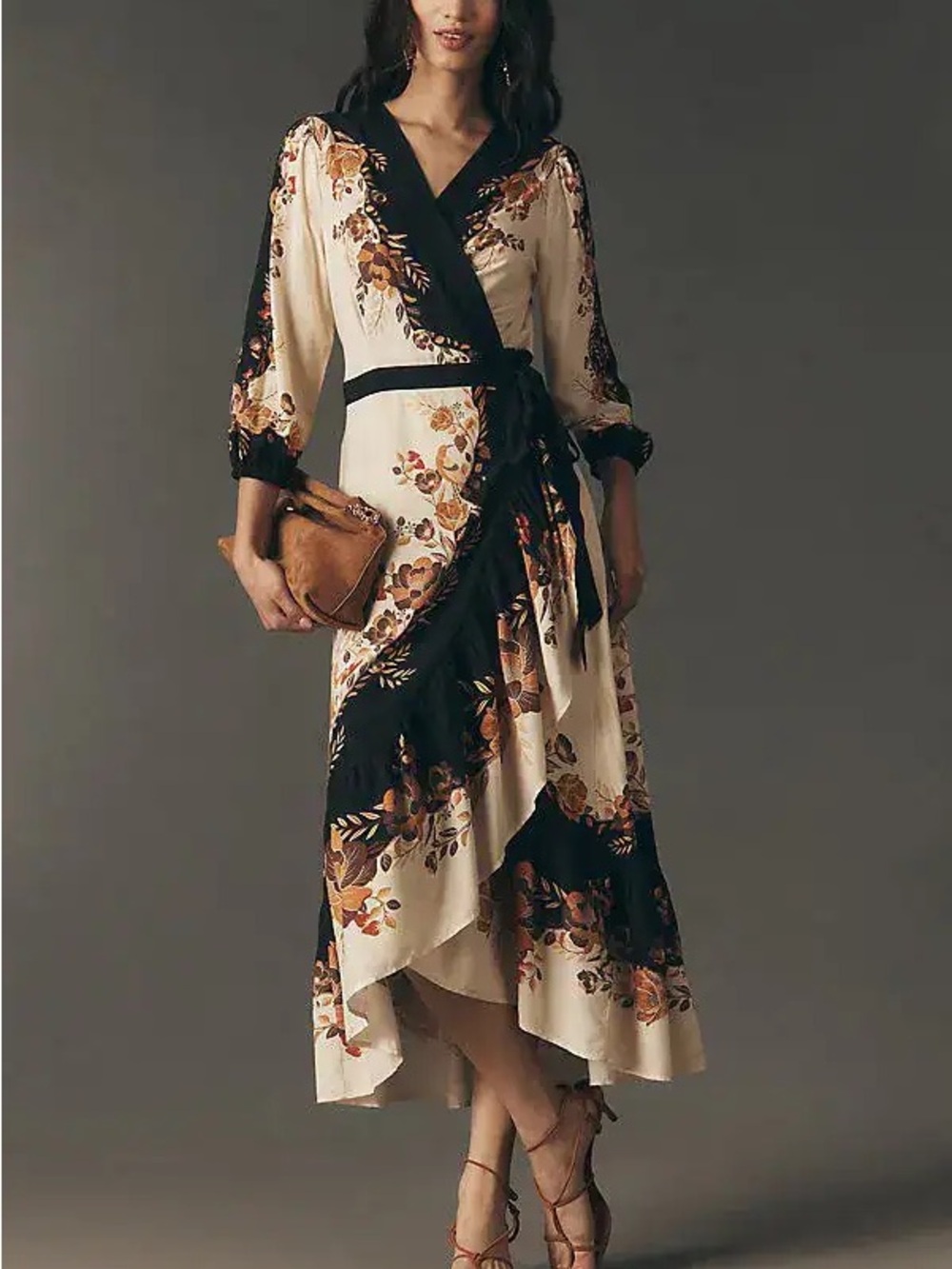 Farm Rio Long-Sleeve Floral Wrap Midi Dress